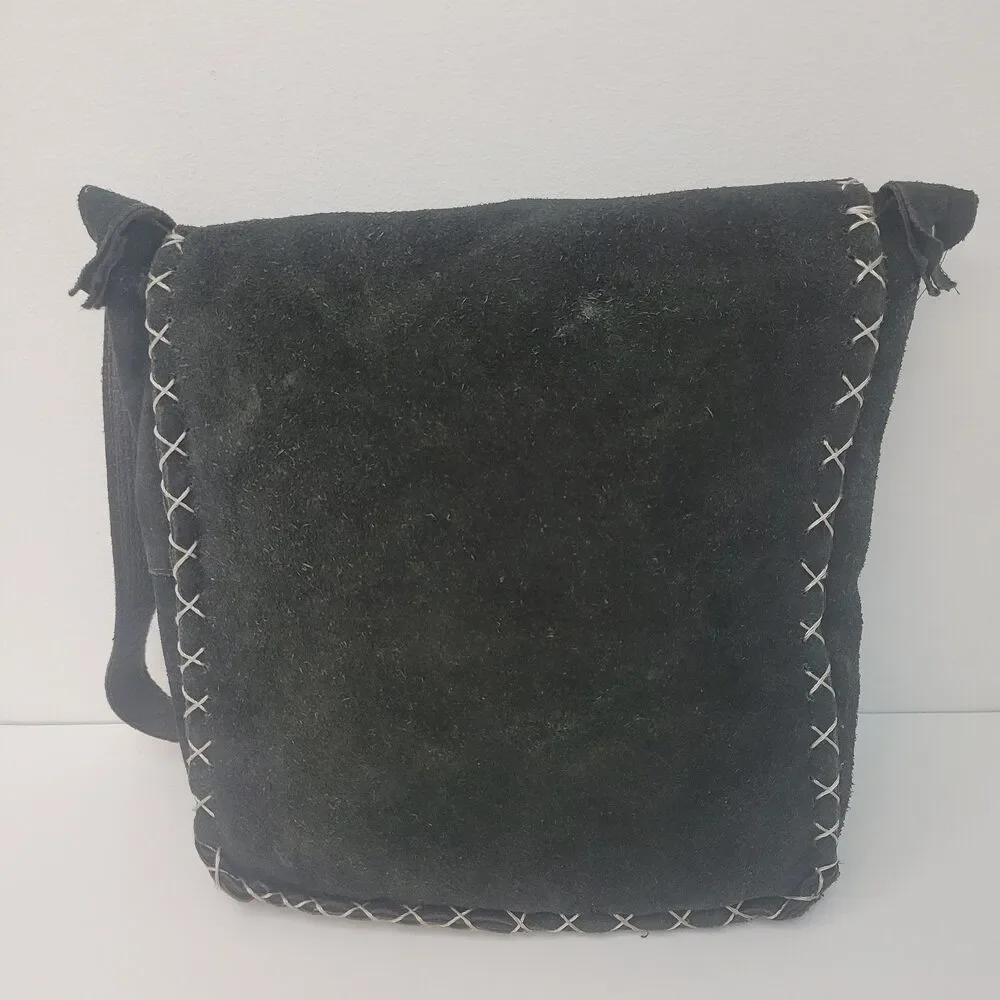 Black Suede Leather Crossbody Bag Yin Yang Handmade Boho Hippie Distressed